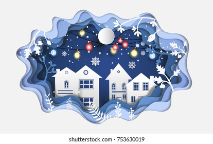 paper art illustrations. christmas with beautiful house and lamp