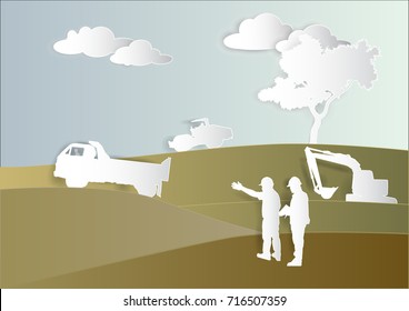 Paper art industrial, engineer and construction team look Machine working ground leveling site construction Vector illustration