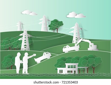 Paper art industrial, engineer and construction team look Machine working ground leveling site construction over High power transmission line. Vector illustration