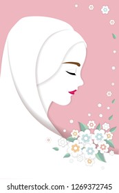 Paper art International women's day with islam lady wear pink hijab on red background, Vector 8 march, Illustrator Vector templates for card or flyer for womens day or mother day 