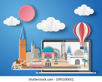 Paper art Istanbul,Turkey infographic . Turkey cityscape with labtop .