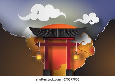 paper art of Japan gate with landscape travel  Landmarks at night fullmoon beautiful,torii,vector,cut