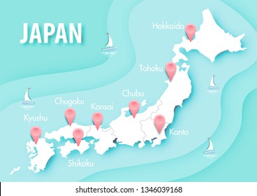 Paper art of Japan map with 3D style on blue ocean pastel color background vector