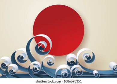 Paper art of Japanese wave and sun, vector art and illustration.