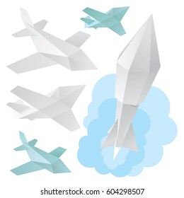 paper art jet and rocket set, 3d illustration