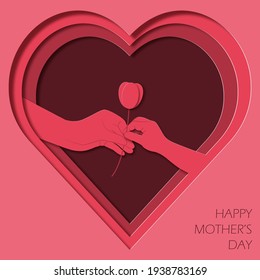 Paper art and kraft style greeting card Happy Mother's Day. Children's hand gives flower to mom. Heart shape frame. Vector illustration.