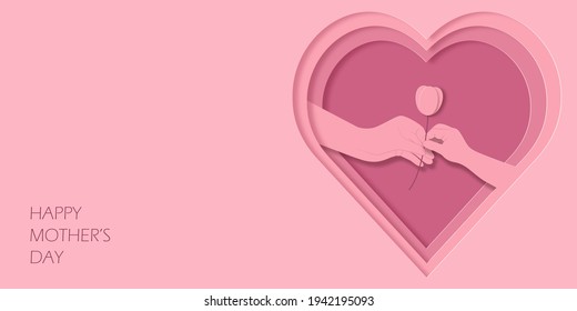 Paper art and kraft style greeting card Happy Mother's Day. Children's hand gives flower to mom. Heart shape frame. Vector illustration.