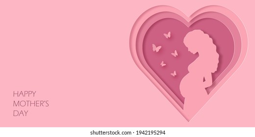 Paper art and kraft style greeting card for Happy Mother's Day. Beautiful pregnant woman and butterflies. Waiting for the baby. Frame in the shape of a heart. Vector illustration.