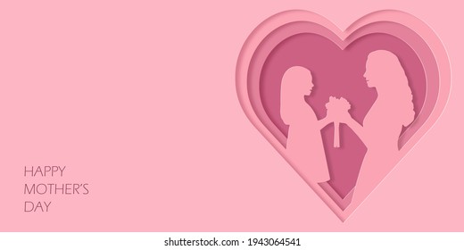 Paper art and kraft style greeting card Happy Mother's Day. Daughter gives flowers to her mother. Heart shape frame. Vector illustration.