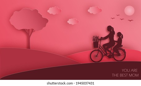 Paper art and kraft style greeting card for Happy Mother's Day. Mom and daughter ride a bike with bouquet of meadow flowers on cloudy sky red background. Vector illustration.