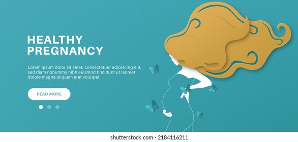 Paper art and kraft style greeting card of pregnancy woman. Modern banner about pregnancy and motherhood. Waiting for the baby. Perfect for websites, flyers, posters. Paper cut.