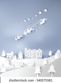 paper art landscape of Christmas and happy new year with tree and house design. vector illustration