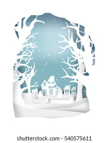 paper art landscape of Christmas and happy new year with tree and house design. vector illustration