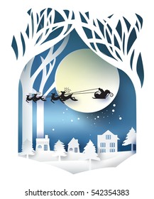 paper art landscape of Christmas and happy new year with tree and house design. vector illustration