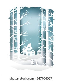 paper art landscape of Christmas and happy new year with tree and house design. vector illustration