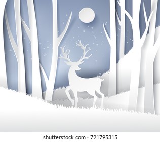 paper art landscape of Christmas and happy new year with tree and reindeer design. vector illustration