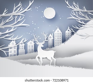 paper art landscape of Christmas and happy new year with tree and reindeer design. vector illustration
