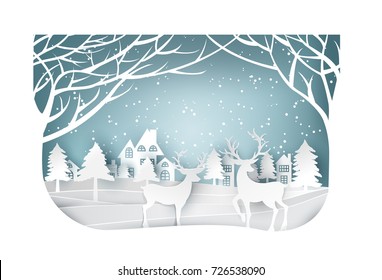 Paper Art Landscape Of Christmas And Happy New Year With Tree And Reindeer Design. Vector Illustration