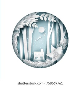 paper art landscape of Christmas and happy new year with tree and reindeer design. vector illustration