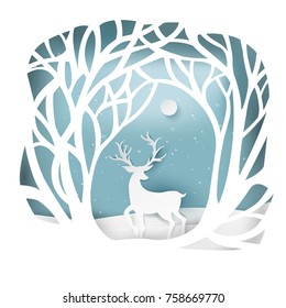 paper art landscape of Christmas and happy new year with tree and reindeer design. vector illustration