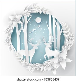 paper art landscape of Christmas and happy new year with tree and reindeer design. vector illustration