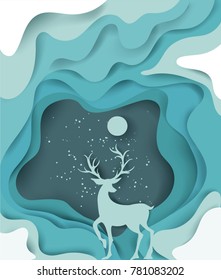 paper art landscape of Christmas and happy new year with tree and reindeer design. vector illustration