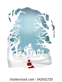 paper art landscape of Christmas with tree and house design. vector illustration