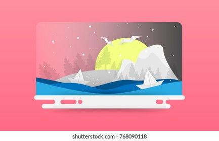 paper art landscape concept white sailing boat in ocean . vector design