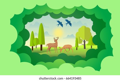 paper art of landscape with deer and birds. vector illustration. summer