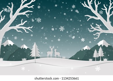 Paper Art Landscape With Deer Family And Snowflakes In The Forest,Icons Of Winter Season Abstract Background