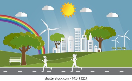 Paper art of landscape with eco green city and people running in city parks, Environmentally friendly world.  Vector illustration