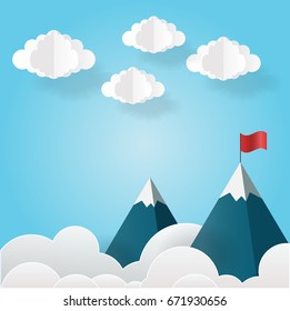 Paper art landscape with flag on the mountain. Success concept illustration. Overcoming difficulties.