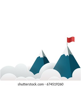 Paper art landscape with flag on the mountain. Success concept illustration. Overcoming difficulties.