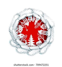 Paper art landscape, house, rabbit in circle frame made from fir tree branches. Christmas and happy new year tree and house paper cut out design. Vector illustration for winter greetings on red