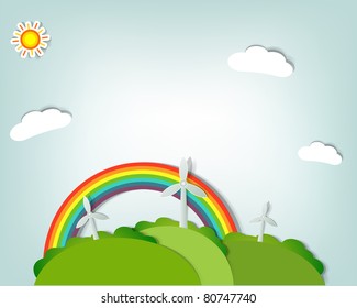 paper art landscape with rainbow and windmills. Vector paper cut illustration