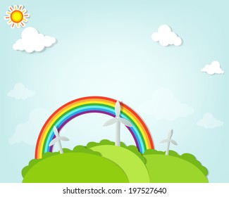 Paper art landscape. Several wind turbines on the background of rainbow. flat paper illustration