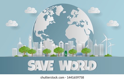 Paper art of landscape with skyscraper 
 and nature ,Eco green city concept, Save world. Vector illustration