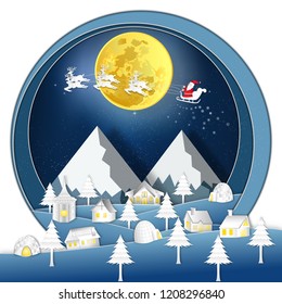 Paper art layer and digital craft style of Santa Claus on Sleigh and Reindeers on the village and snow season in the winter background as holiday and x'mas day concept. vector illustration