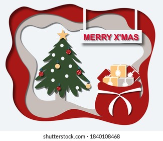 Paper art layer Merry Christmas. Christmas tree with balls and a bag of presents with text illustration