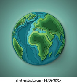 Paper art layer style of green earth and world on nature background as ecology and environment conservation creative idea concept. Vector illustration.