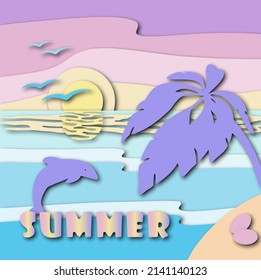 Paper art, layered illustration. paper cut Island palm trees, dolphin, summer