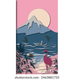 Paper art, layered illustration, paper cut out. Landscape of Japan on the mountain