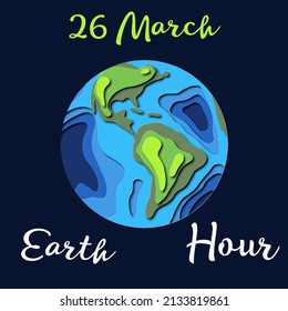 Paper art, layered illustration. Earth Hour paper cut planet 24 March