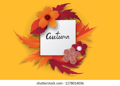 Paper art layers autumn leaves and flowers. Vector stock.