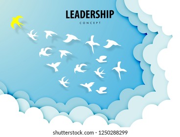 Paper art of Leadership concept with bird family on blue sky background vector