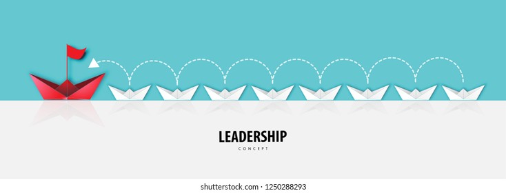 Paper art of leadership concept with origami boat in white river view and blue sky paper craft style vector