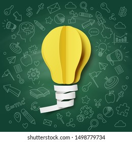 Paper art of light bulb creative doodle icons blackboard, vector art and illustration.