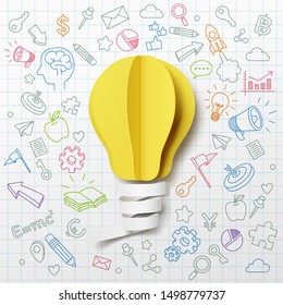 Paper art of light bulb creative doodle icons background, vector art and illustration.