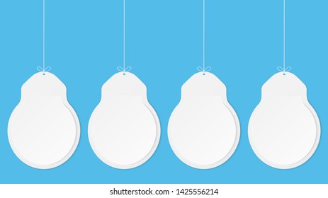 Paper art with light bulb shape on blue sky. Copy space. Speech Bubble, White and grey blank hanging. mock up empty. 
