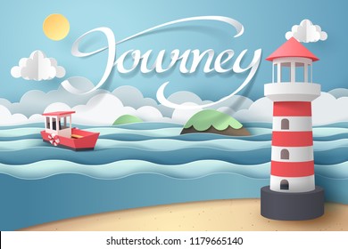 Paper art of Lighthouse and journey calligraphy lettering, origami and travel concept, vector art and illustration.